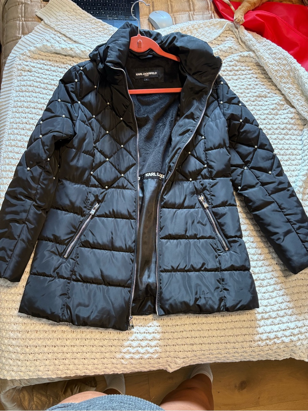 Karl Lagerfeld Black Quilted Stud-Accent Puffer Coat